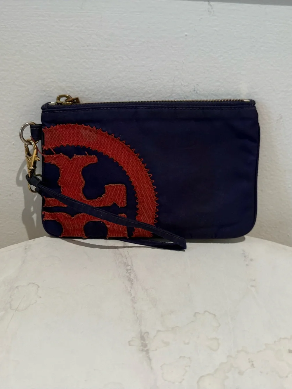 Tory Burch Navy Wristlet with Red Logo Patch
